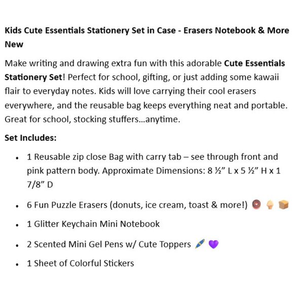 Kids Cute Essentials Stationery Set in Case - Erasers Notebook & More NWT - Picture 2 of 6